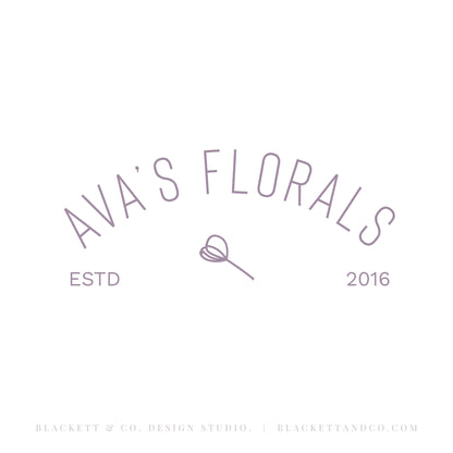 Florals brand logo minimalist graphic on a white background in an arched serif font, with a small flower icon below.