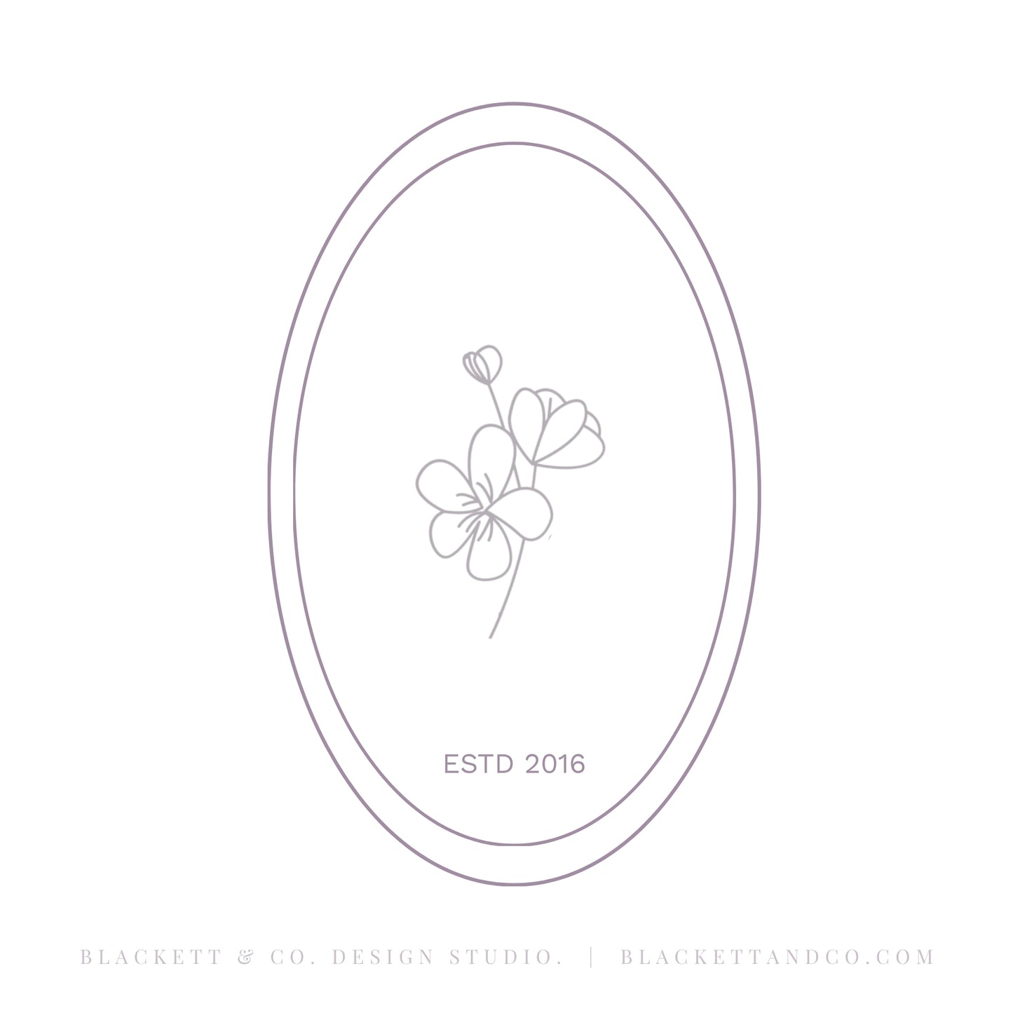 Florals brand logo, a minimalist oval logo design featuring delicate line art of two flowers and Estd text 