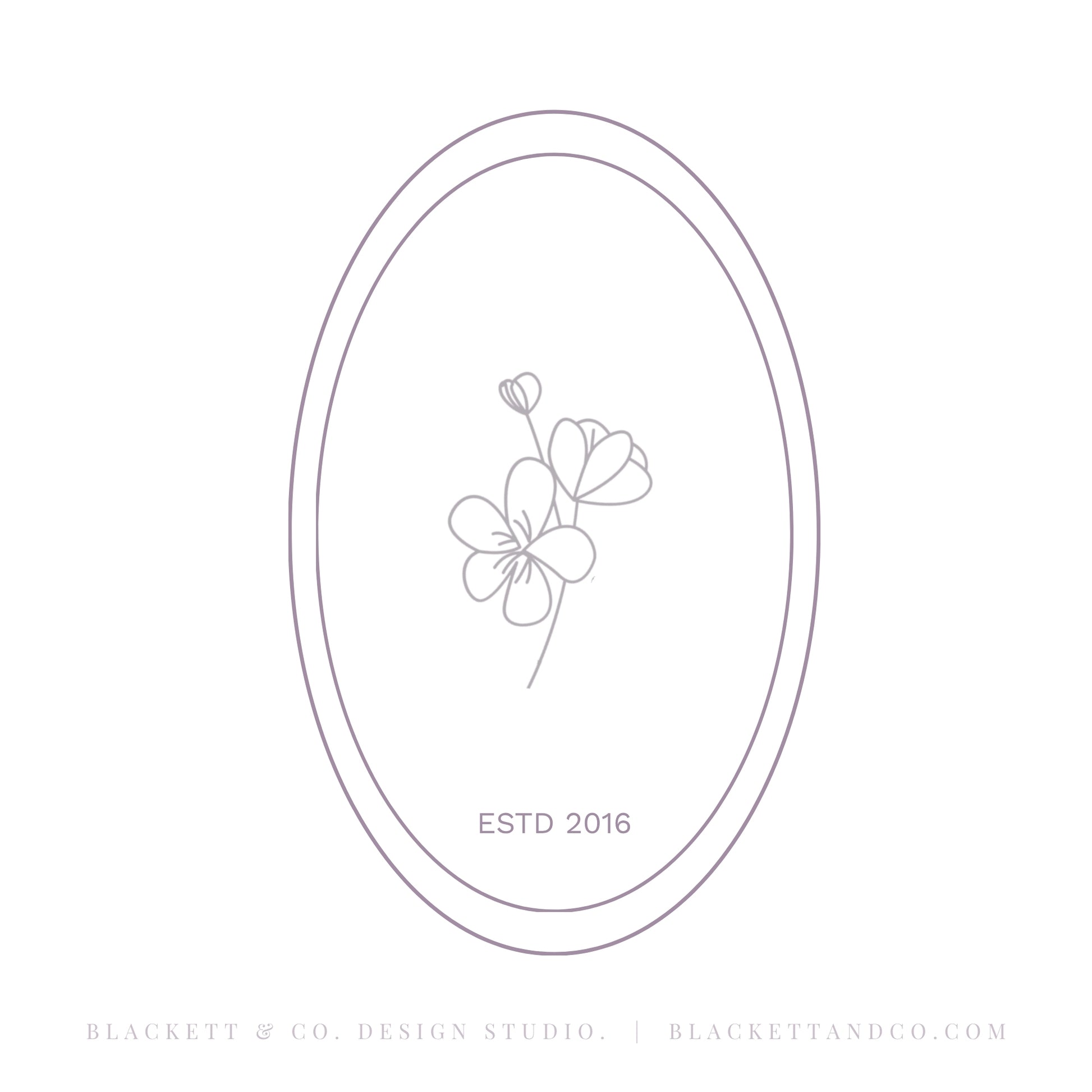 Florals brand logo, a minimalist oval logo design featuring delicate line art of two flowers and Estd text 