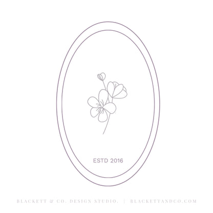 Florals brand logo, a minimalist oval logo design featuring delicate line art of two flowers and Estd text 