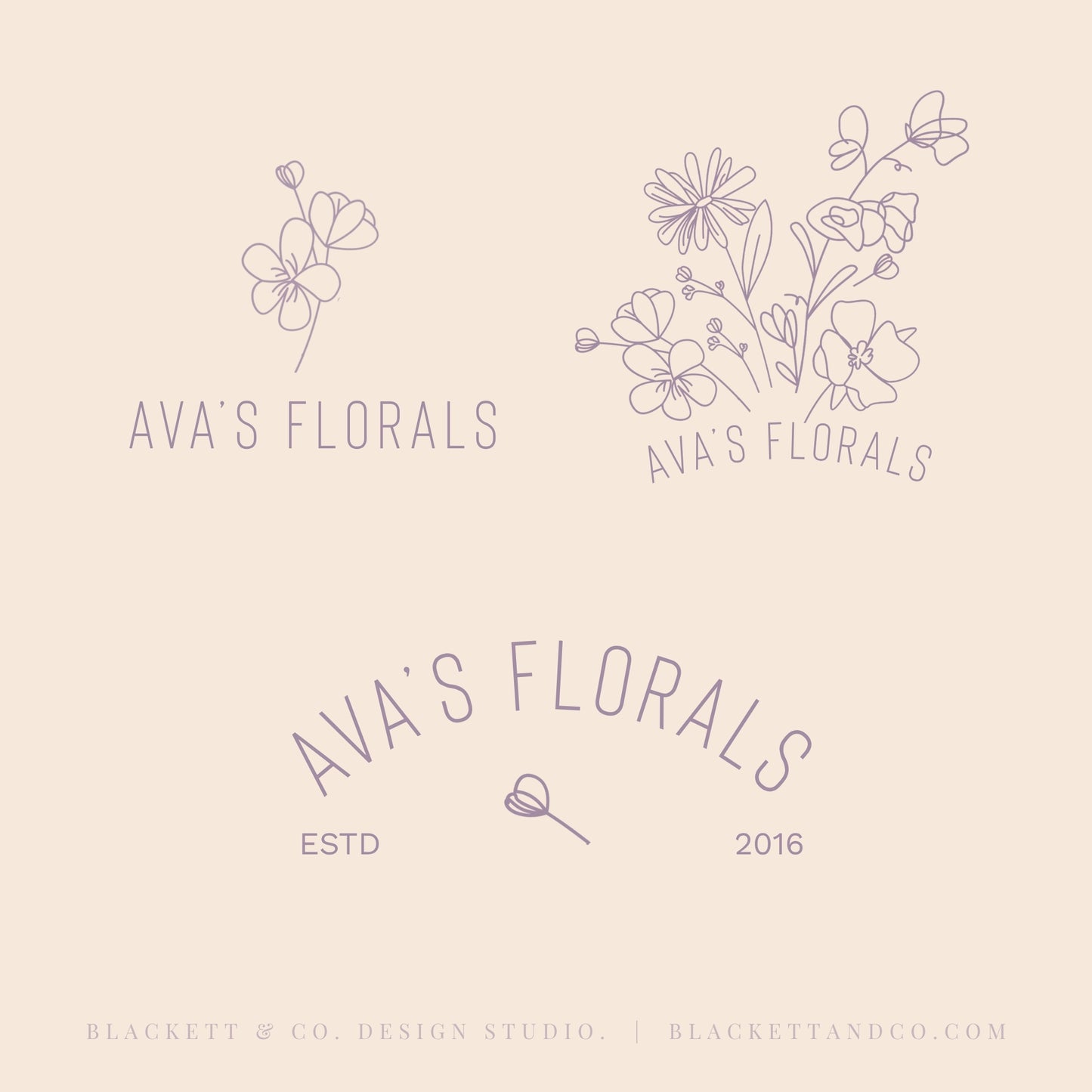 Variations of the Florals brand logo, including minimalist line art floral illustrations and arched text layouts.