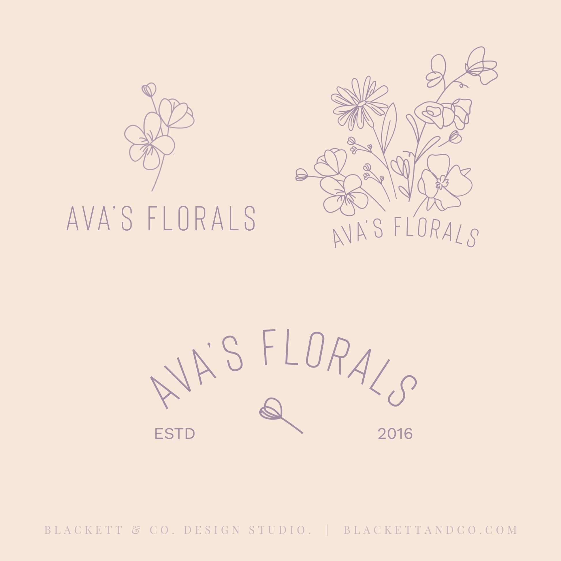 Variations of the Florals brand logo, including minimalist line art floral illustrations and arched text layouts.