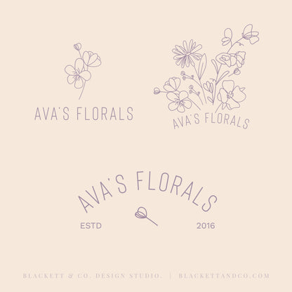 Variations of the Florals brand logo, including minimalist line art floral illustrations and arched text layouts.
