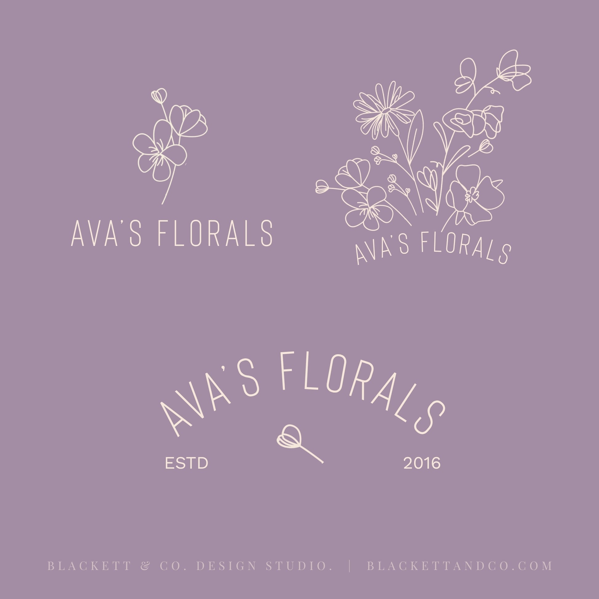 Variations of the Florals brand logo, including minimalist line art floral illustrations and arched text layouts.
