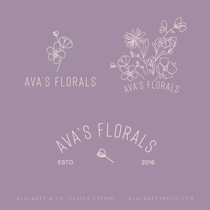 Variations of the Florals brand logo, including minimalist line art floral illustrations and arched text layouts.