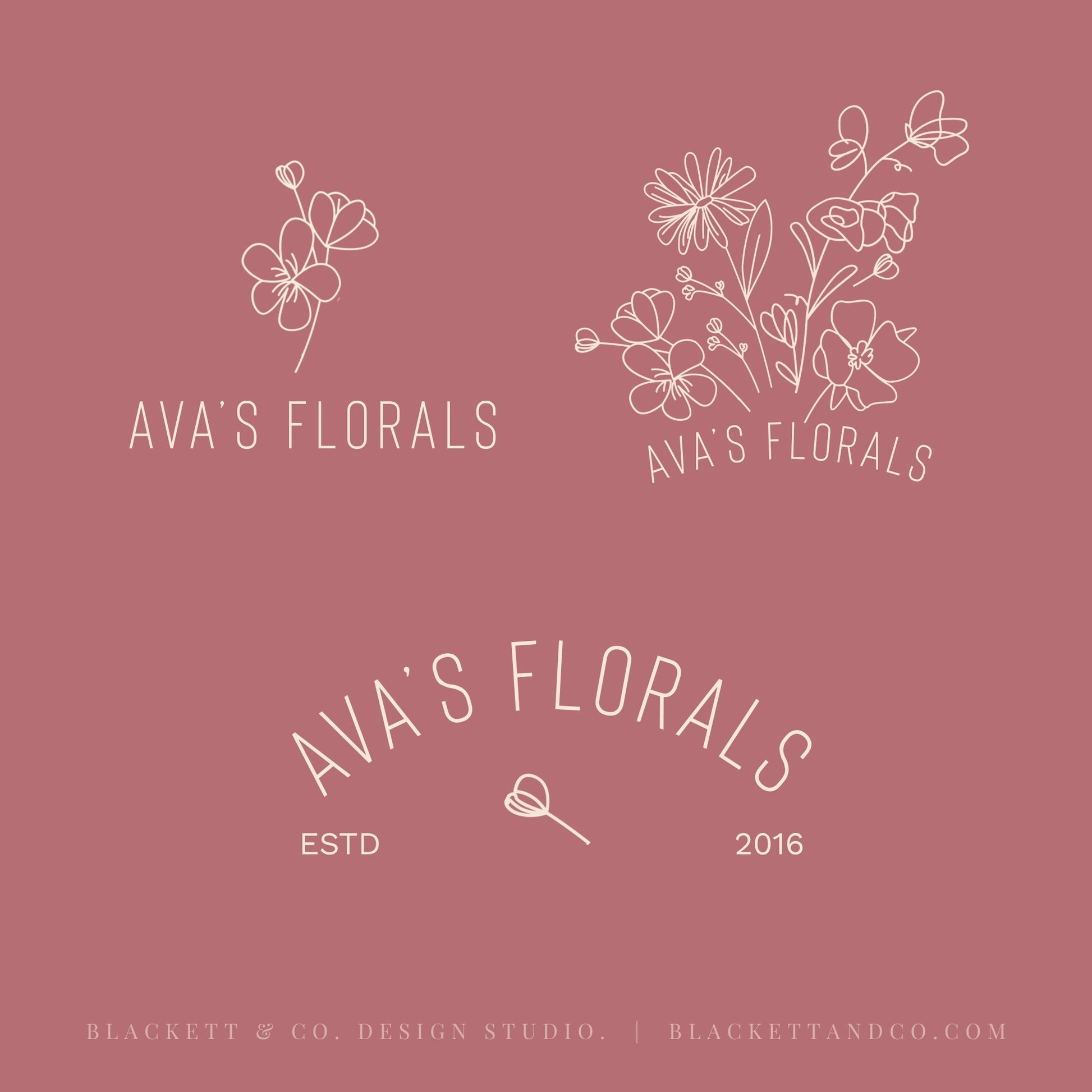 Variations of the Florals brand logo, including minimalist line art floral illustrations and arched text layouts.