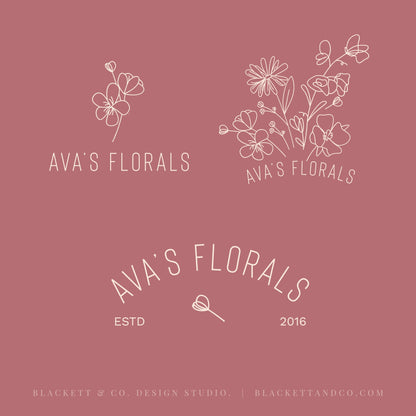 Variations of the Florals brand logo, including minimalist line art floral illustrations and arched text layouts.