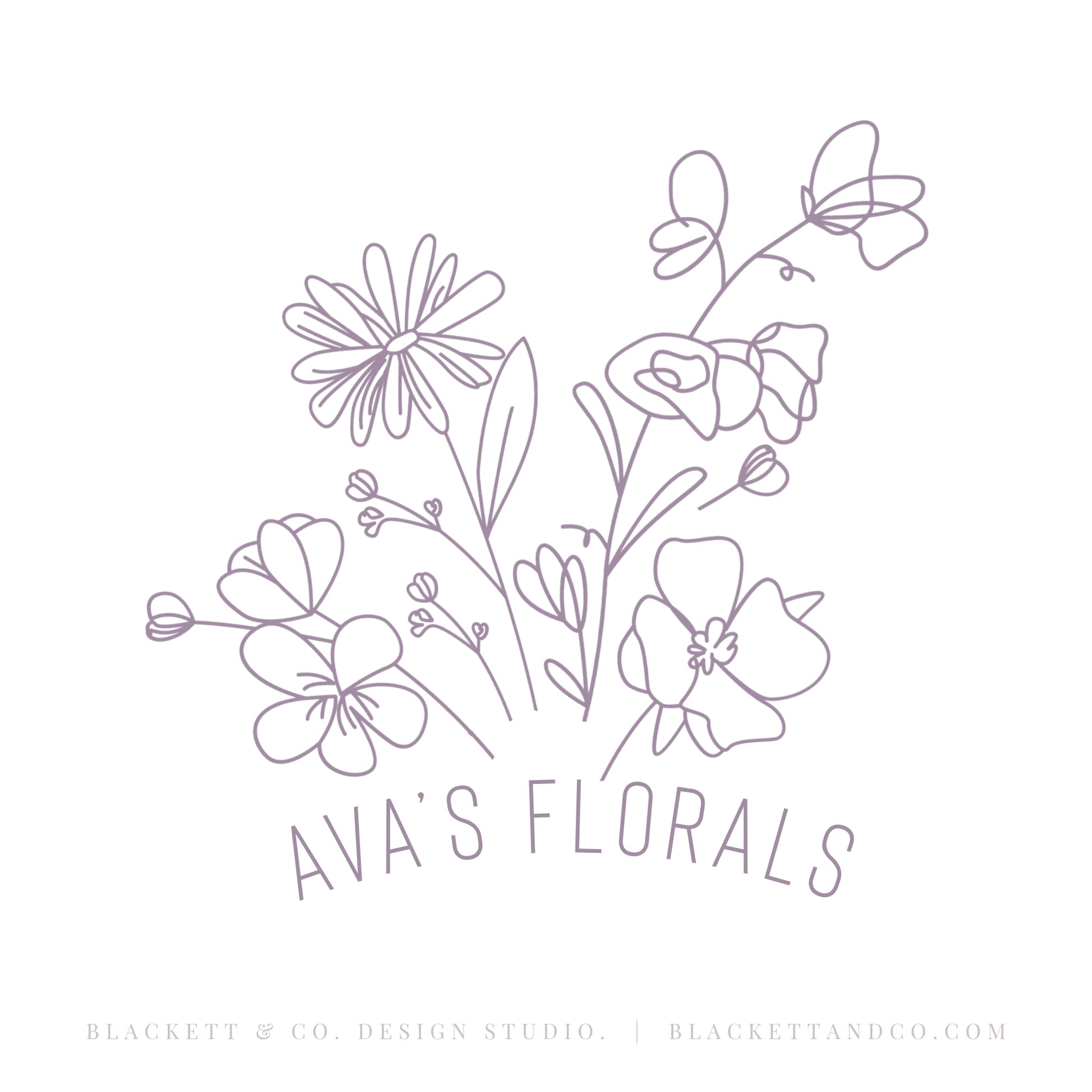 Florals main brand logo, a minimalist line art floral design featuring delicate lavender purple outlines of flowers and leaves by Blackett & Co.