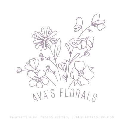 Florals main brand logo, a minimalist line art floral design featuring delicate lavender purple outlines of flowers and leaves by Blackett & Co.