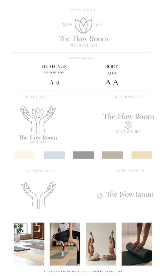 Flow Brand Logo features the main logo with a lotus flower icon, typography details, colour variations and four lifestyle photos at the bottom showing yoga practices.