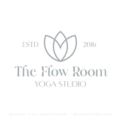 Flow Brand Logo minimalist logo design  featuring a stylized lotus flower icon, and studio name.
