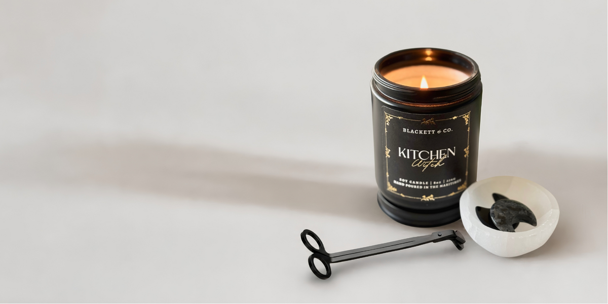 Blackett & Co. natural soy candles gift sets include handmade uniquely scented candles, wick trimmer, books, crystals