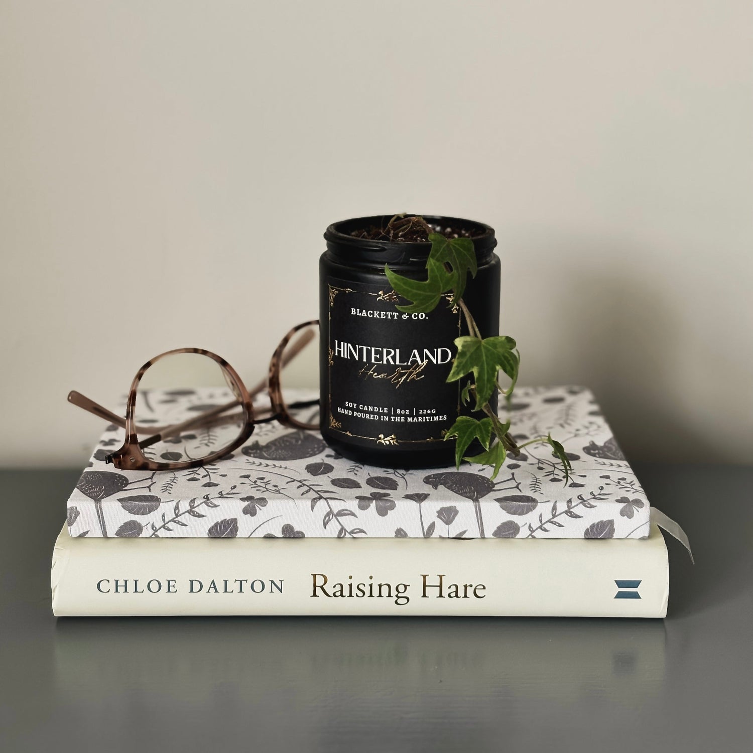 Hinterland Hearth scented natural soy candle jar reused as a planter for a small plant sitting on top of a tree-free notebook.