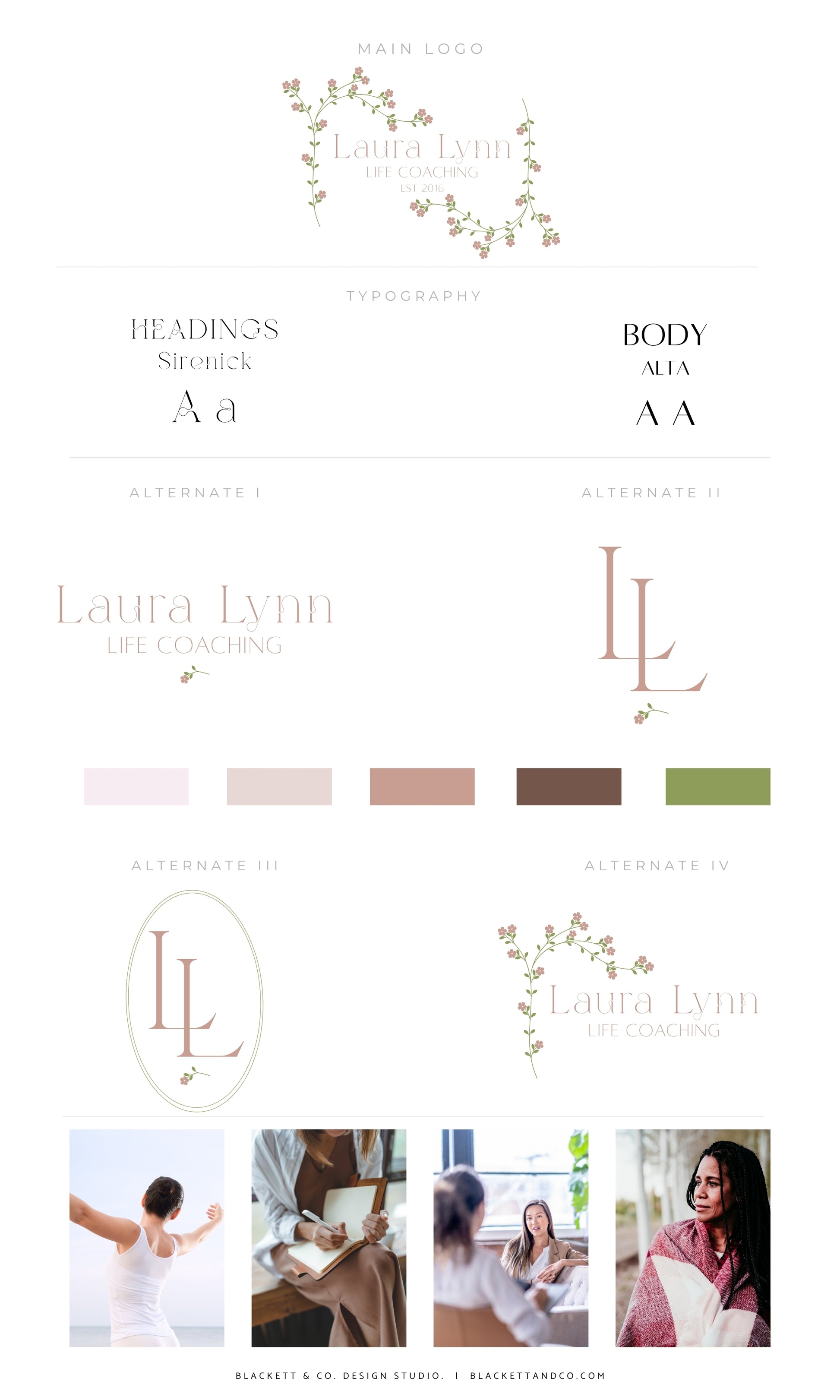 Life Brand Logo featuring multiple logo variations, typography choices, colour swatches, and lifestyle photos.