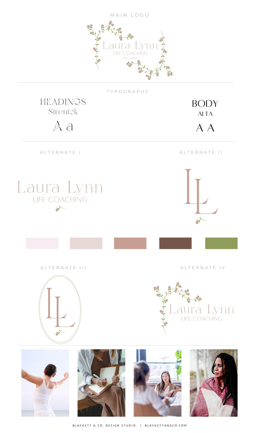 Life Brand Logo featuring multiple logo variations, typography choices, colour swatches, and lifestyle photos.