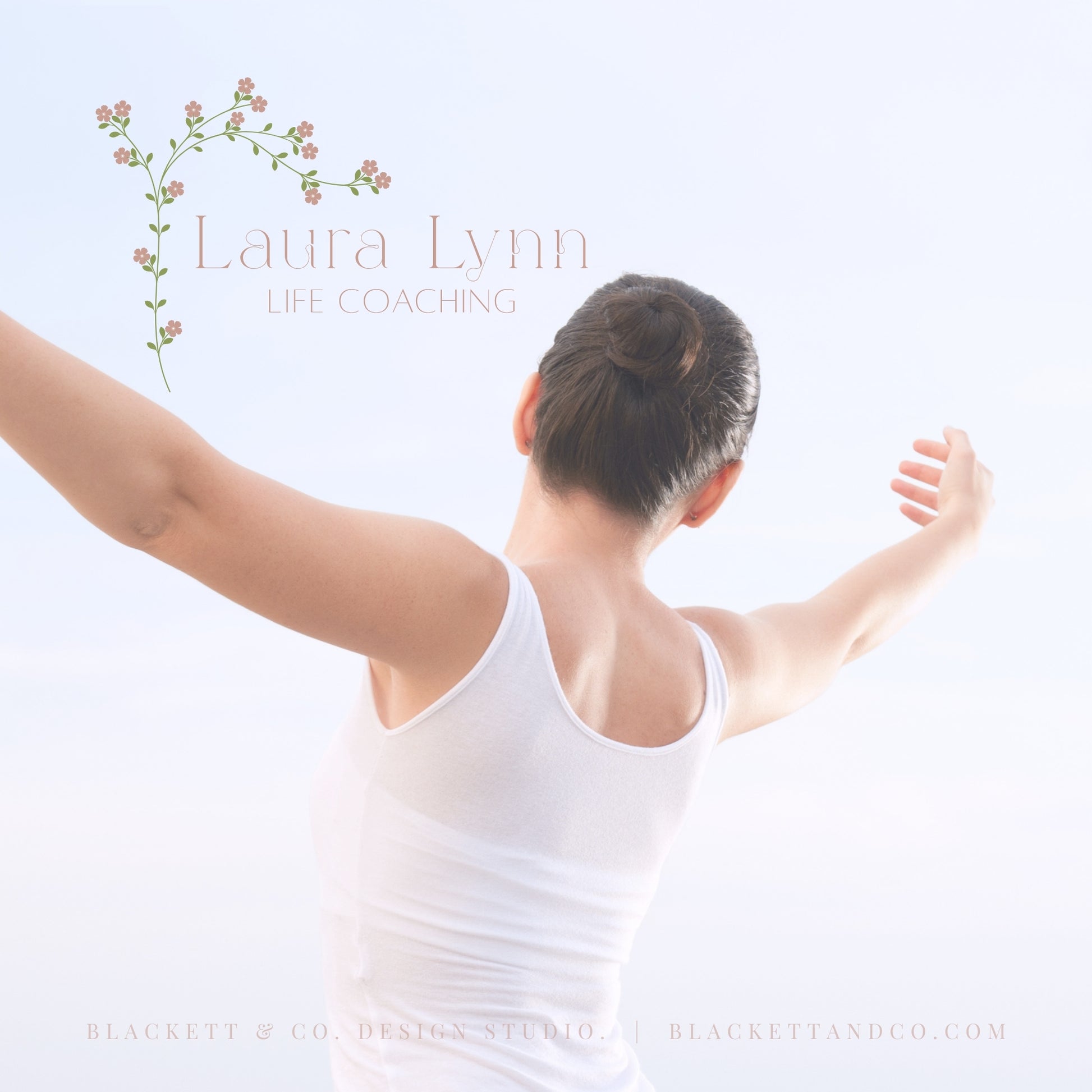 A woman seen from behind wearing a white tank top, with her arms raised, against a very light sky-blue background. With the Life Brand Logo in the top left with a small floral vine graphic.