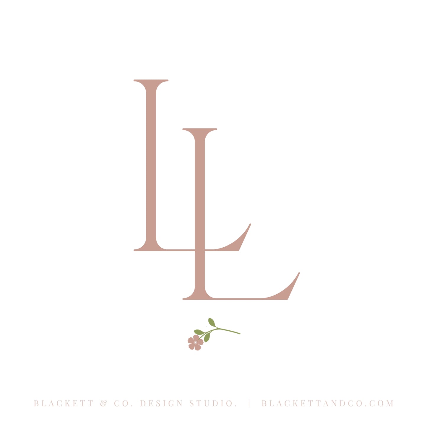 Life Brand Logo design featuring layered initials with a small pink rose stem and green leaves beneath.