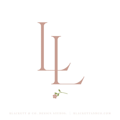 Life Brand Logo design featuring layered initials with a small pink rose stem and green leaves beneath.