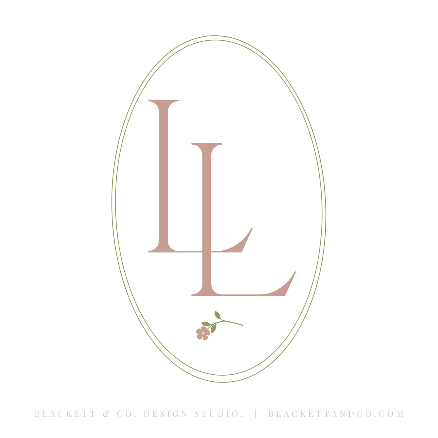 Life Brand Logo design featuring layered initials in a serif font, enclosed within a thin double-lined oval. A small pink flower with a green stem is positioned near the bottom of the initials.