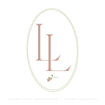 Life Brand Logo design featuring layered initials in a serif font, enclosed within a thin double-lined oval. A small pink flower with a green stem is positioned near the bottom of the initials.