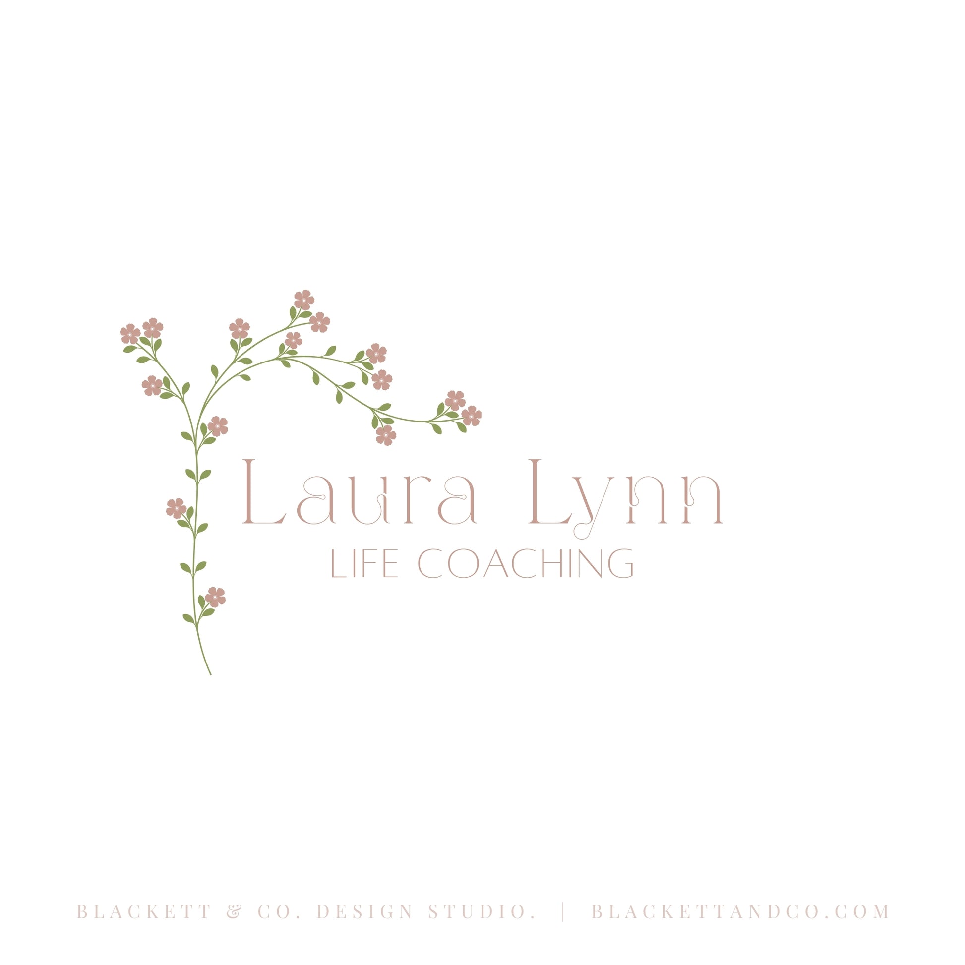 Life Brand Logo design featuring a delicate floral vine with small pink blossoms and green leaves on the left, with the text offset.