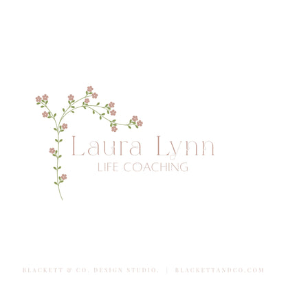Life Brand Logo design featuring a delicate floral vine with small pink blossoms and green leaves on the left, with the text offset.