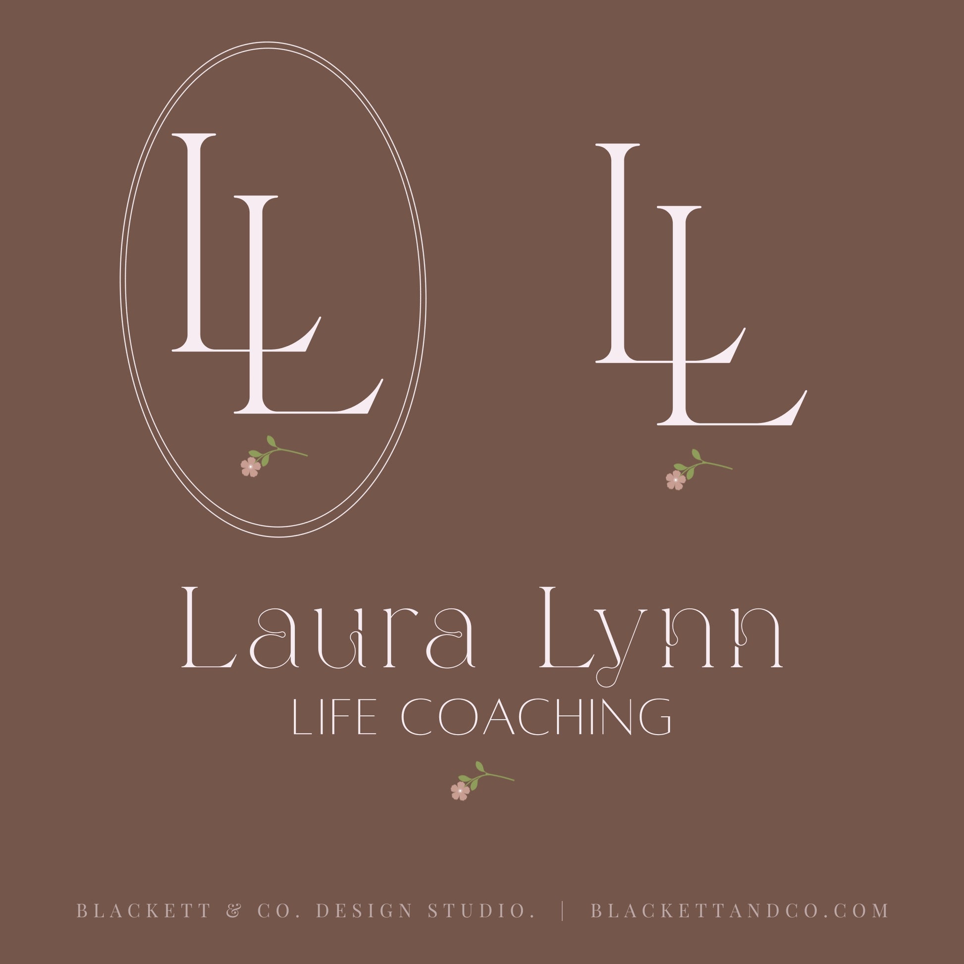 Life Brand Logos featuring a graphic with initials, one enclosed in an oval with small pale pink flowers beneath, and another featuring text and the small floral icon.