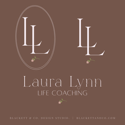 Life Brand Logos featuring a graphic with initials, one enclosed in an oval with small pale pink flowers beneath, and another featuring text and the small floral icon.