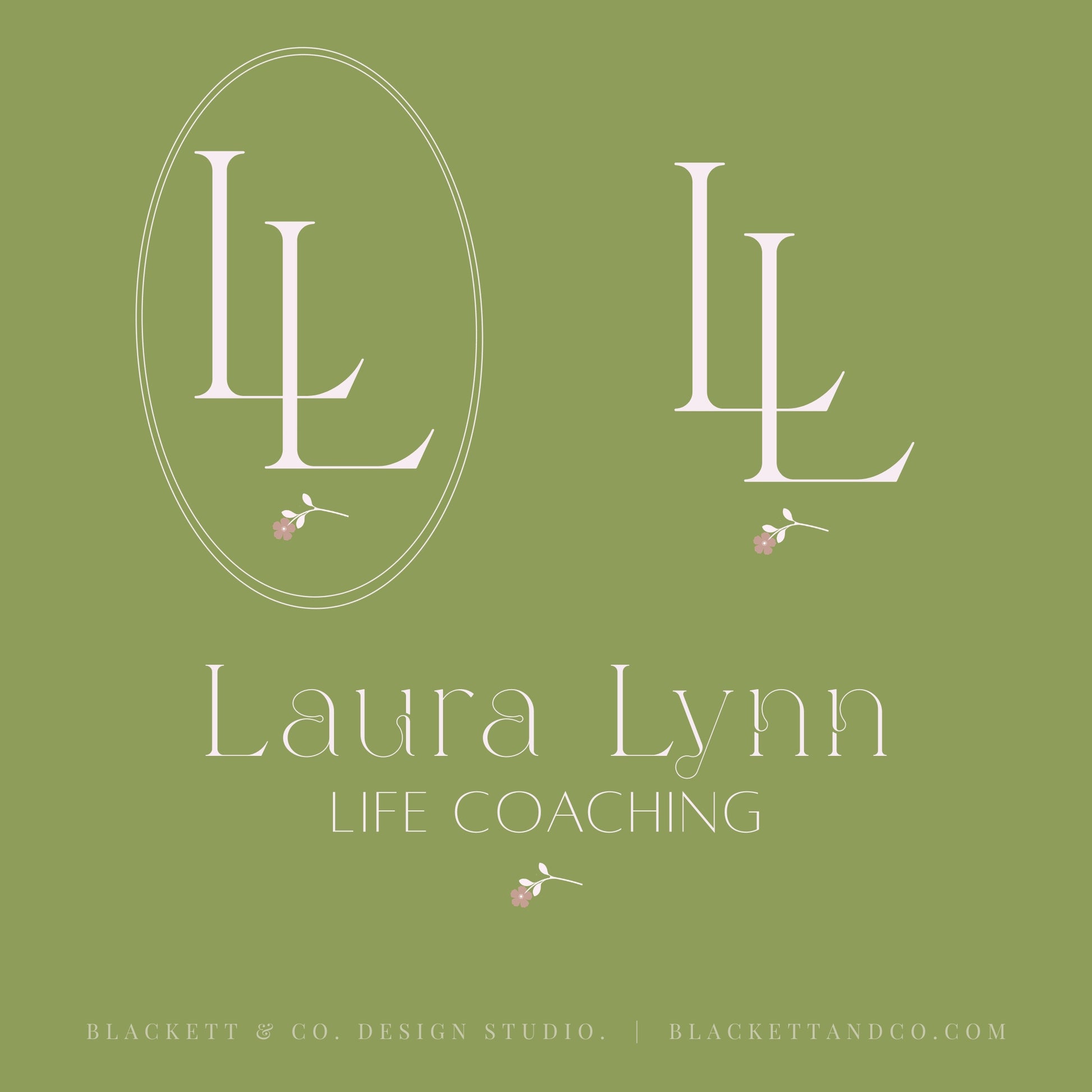 Life Brand Logos featuring a graphic with initials, one enclosed in an oval with small pale pink flowers beneath, and another featuring text and the small floral icon.