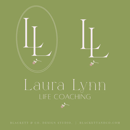 Life Brand Logos featuring a graphic with initials, one enclosed in an oval with small pale pink flowers beneath, and another featuring text and the small floral icon.