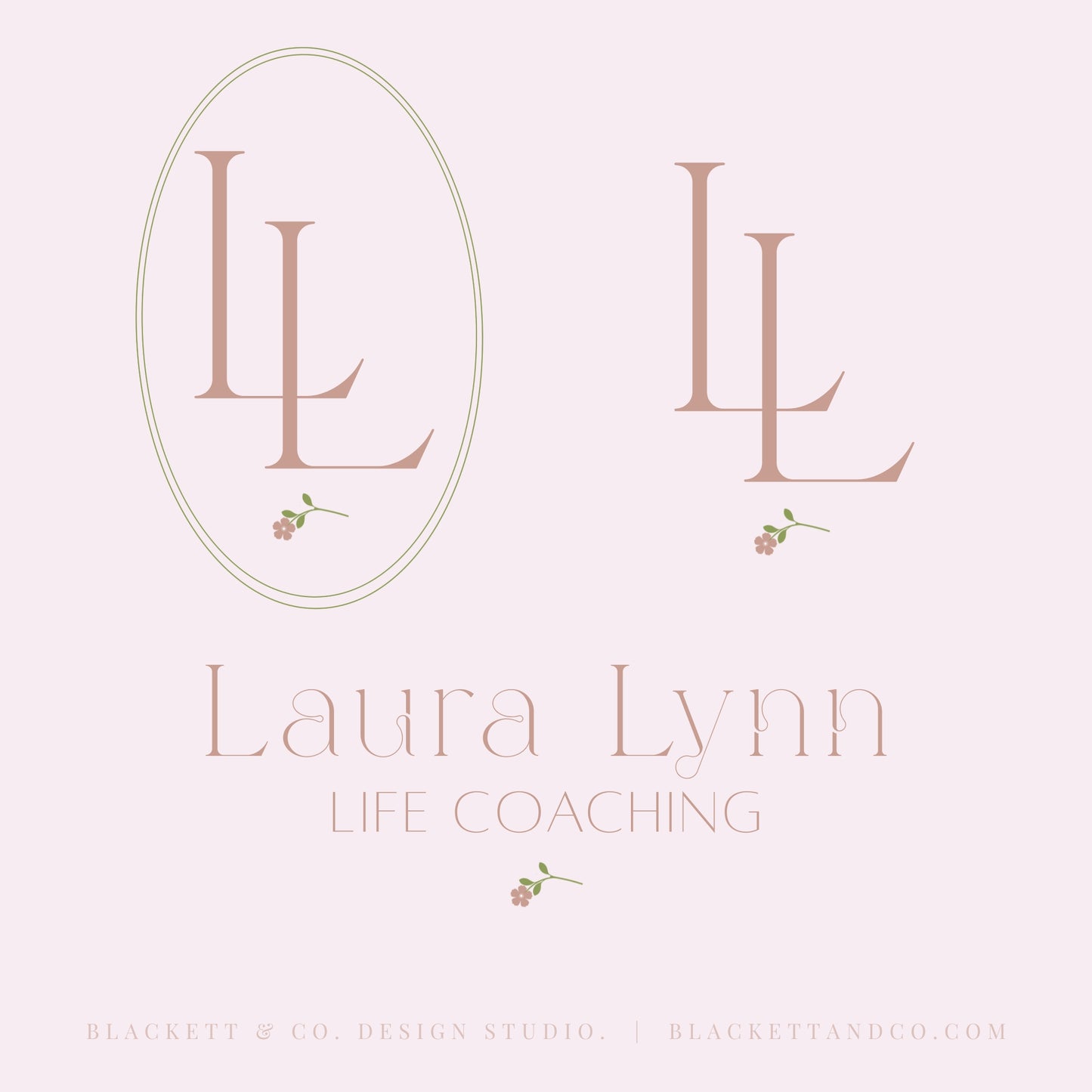 Life Brand Logos featuring a graphic with initials, one enclosed in an oval with small pale pink flowers beneath, and another featuring text and the small floral icon.