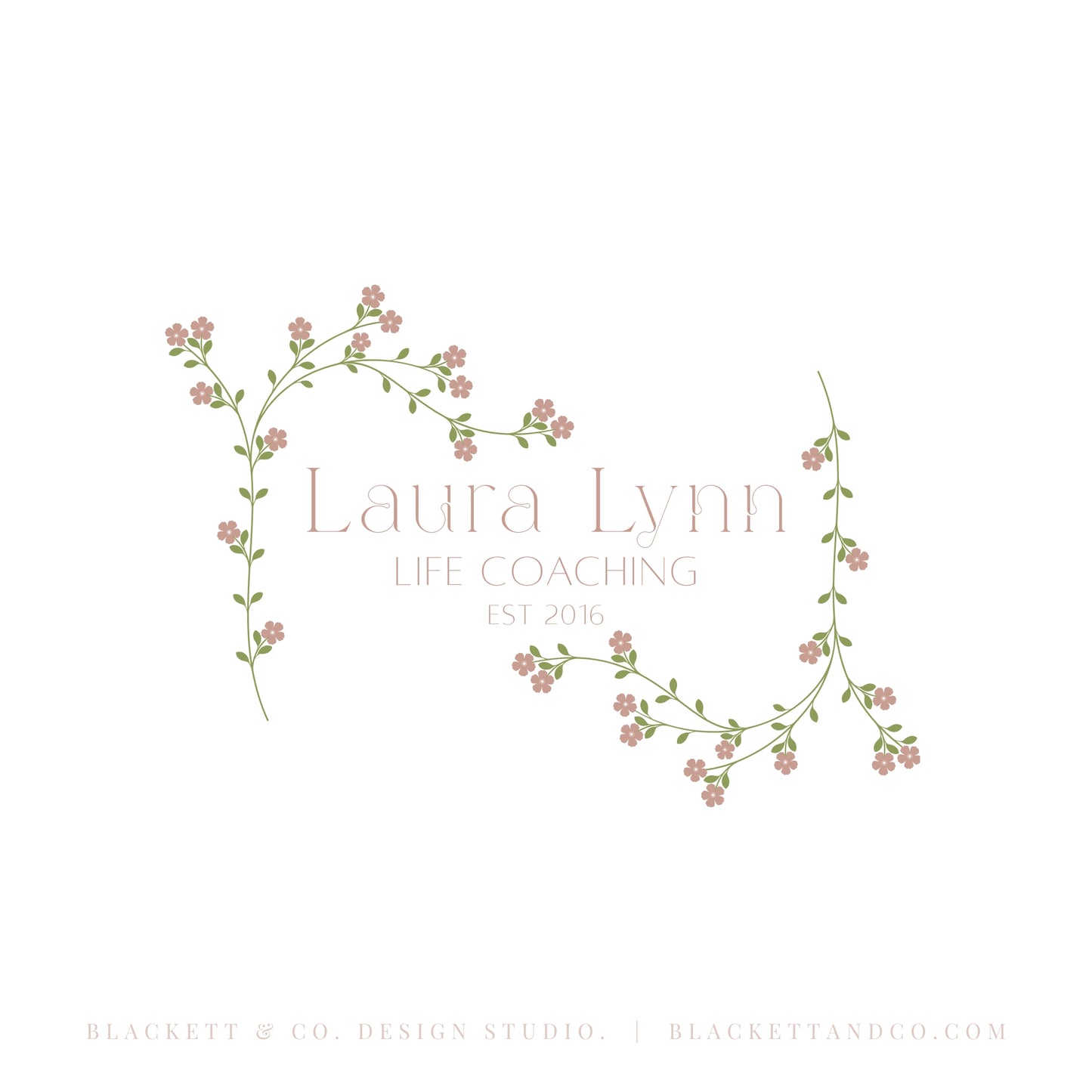 Life Brand Logo minimalist floral logo design featuring delicate pink flowers and green vines framing the text.