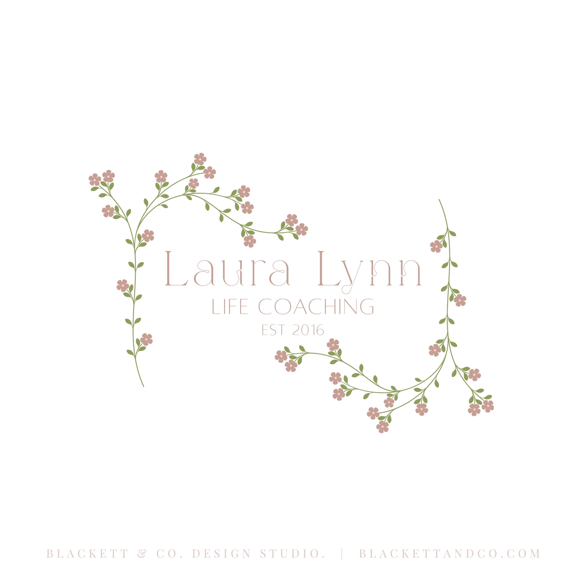 Life Brand Logo minimalist floral logo design featuring delicate pink flowers and green vines framing the text.