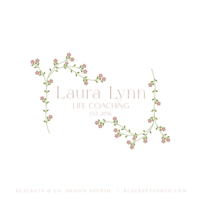 Life Brand Logo minimalist floral logo design featuring delicate pink flowers and green vines framing the text.