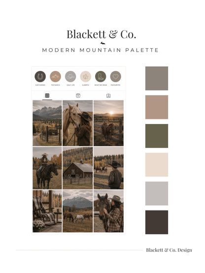 A branded palette board using Blackett & Co.'s Modern Mountain Palette showing a grid of western-themed landscape and horse photos in muted earthy tones.