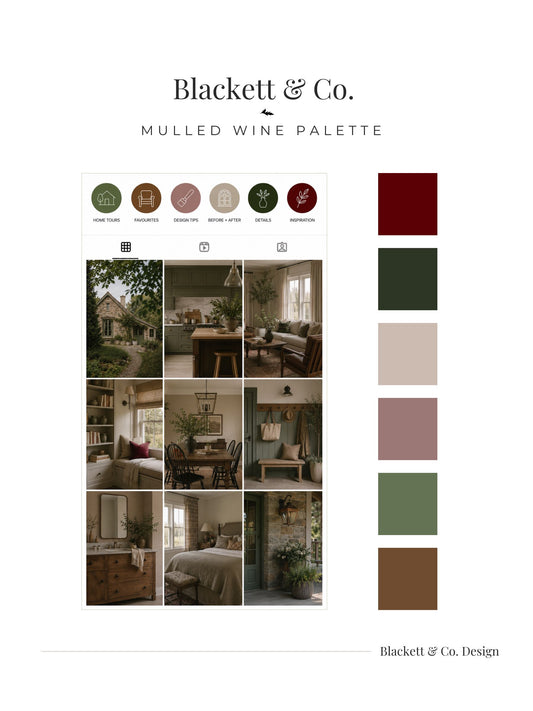 A branded palette board using Blackett & Co.'s Mulled Wine colour palette featuring a grid of warm interior design photos