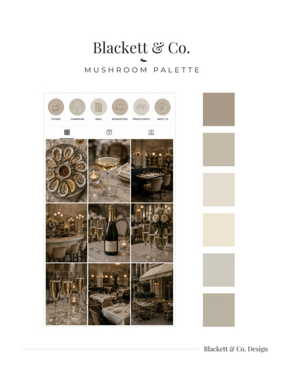 A branded palette board using for Blackett & Co.'s  Mushroom Palette, a grid of warm neutral-toned interior and food photography, and a vertical row of beige and taupe swatches.