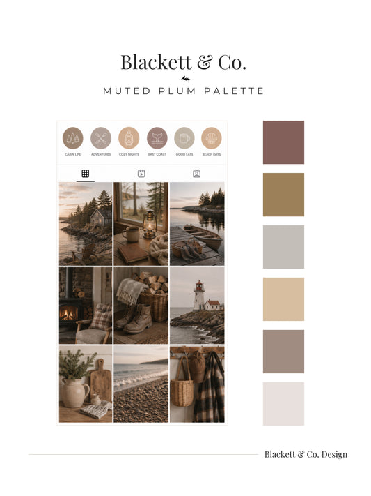 A digital colour palette board using Blackett & Co.'s  Muted Plum colour palette featuring a 3x3 grid of cozy autumn and winter lifestyle images in muted plum and beige tones, alongside a vertical column of eight colour swatches ranging from dusty rose and olive gold to cream.