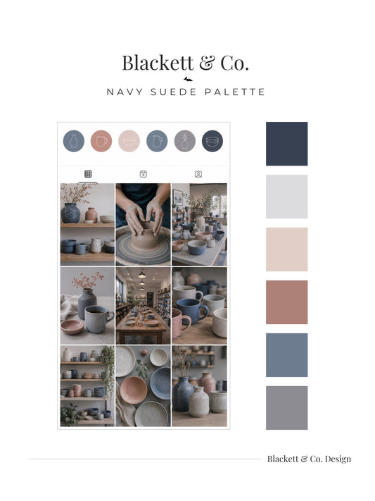 A branded colour palette board using Blackett & Co.'s Navy Suede palette  showing circular colour swatches and a grid of pottery and ceramic product photos.