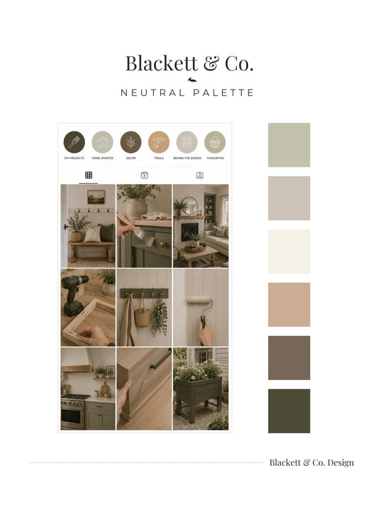 A neutral design palette by Blackett & Co. featuring colour swatches, interior design collage photos, and a vertical row of beige, cream, tan, brown, taupe, and olive swatches.
