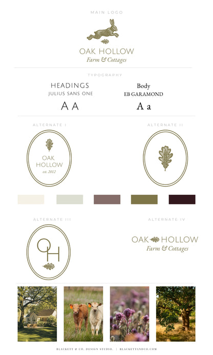 Oak & Hare theme logo by Blackett & Co. showing logo variations, typography choices, colour swatches, and small lifestyle photos of farm scenes and cows.
