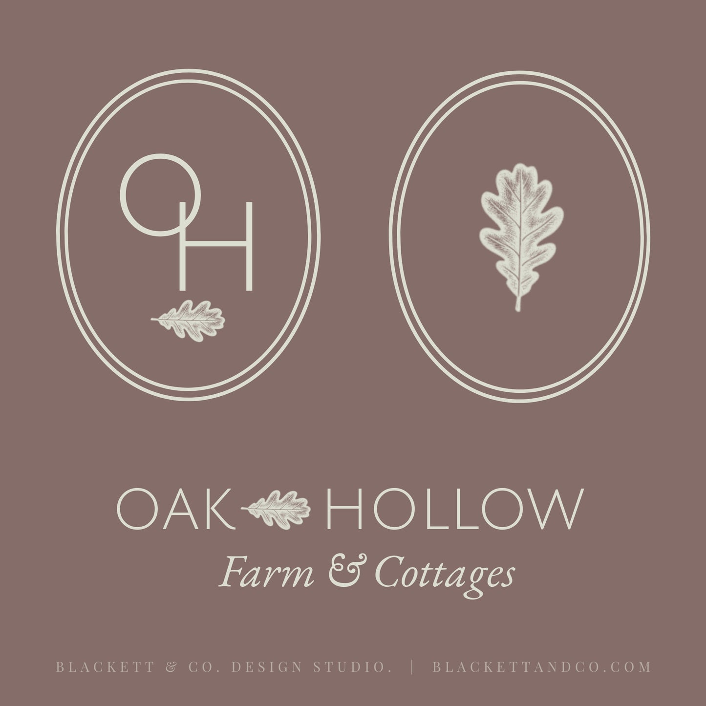 Oak & Hare theme logo square graphic with a muted taupe-brown background featuring two white oval monogram-style logos with leaf motifs by Blackett & Co.