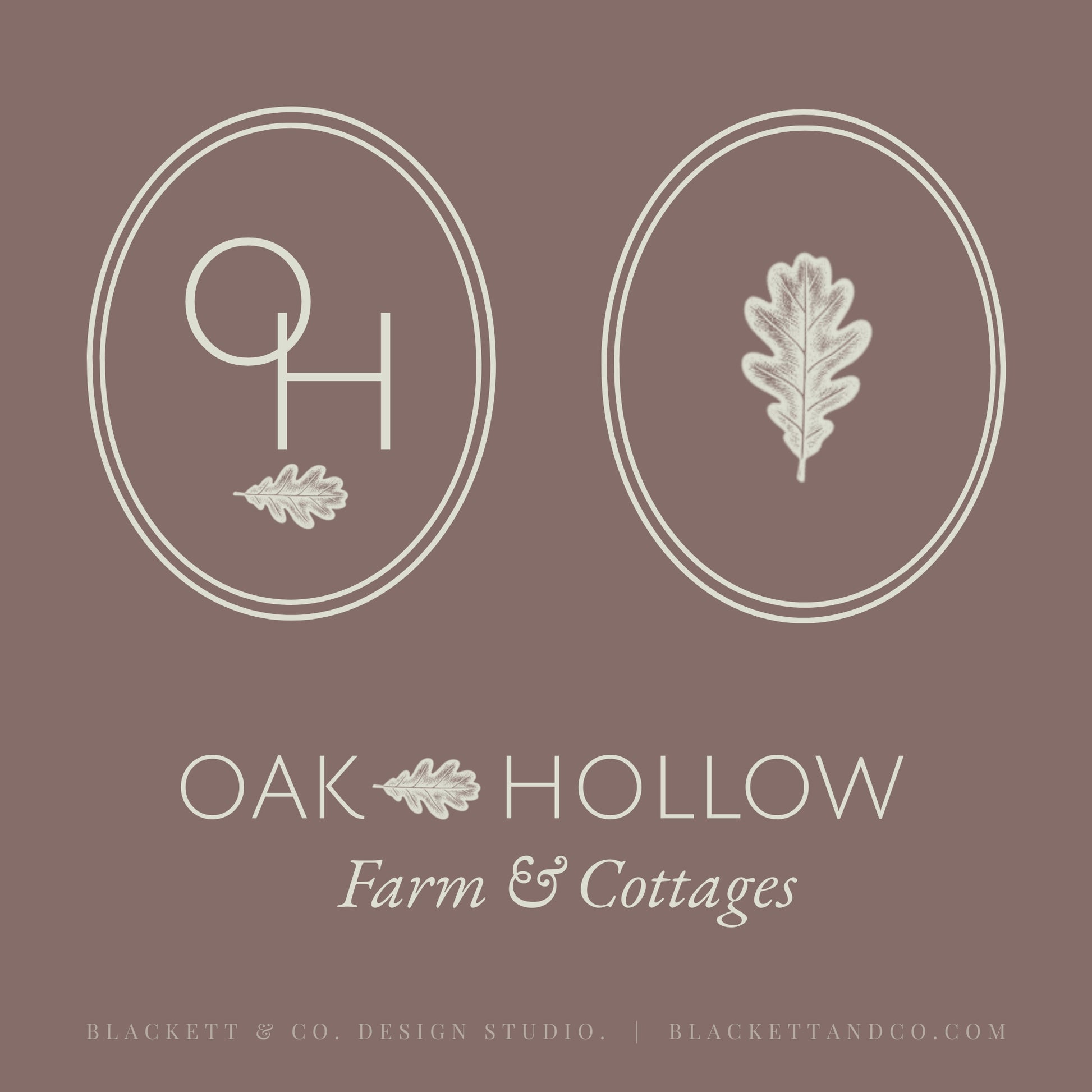 Oak & Hare theme logo square graphic with a muted taupe-brown background featuring two white oval monogram-style logos with leaf motifs by Blackett & Co.