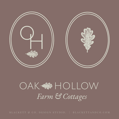 Oak & Hare theme logo square graphic with a muted taupe-brown background featuring two white oval monogram-style logos with leaf motifs by Blackett & Co.