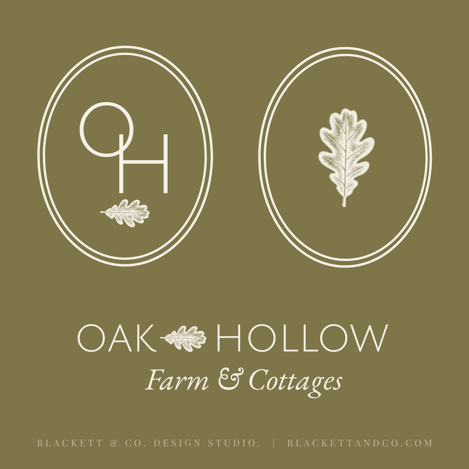 Oak & Hare theme logo on an olive green background featuring two white oval monogram-style logos, one with intertwined letters and one with an oak leaf.