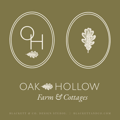 Oak & Hare theme logo on an olive green background featuring two white oval monogram-style logos, one with intertwined letters and one with an oak leaf.