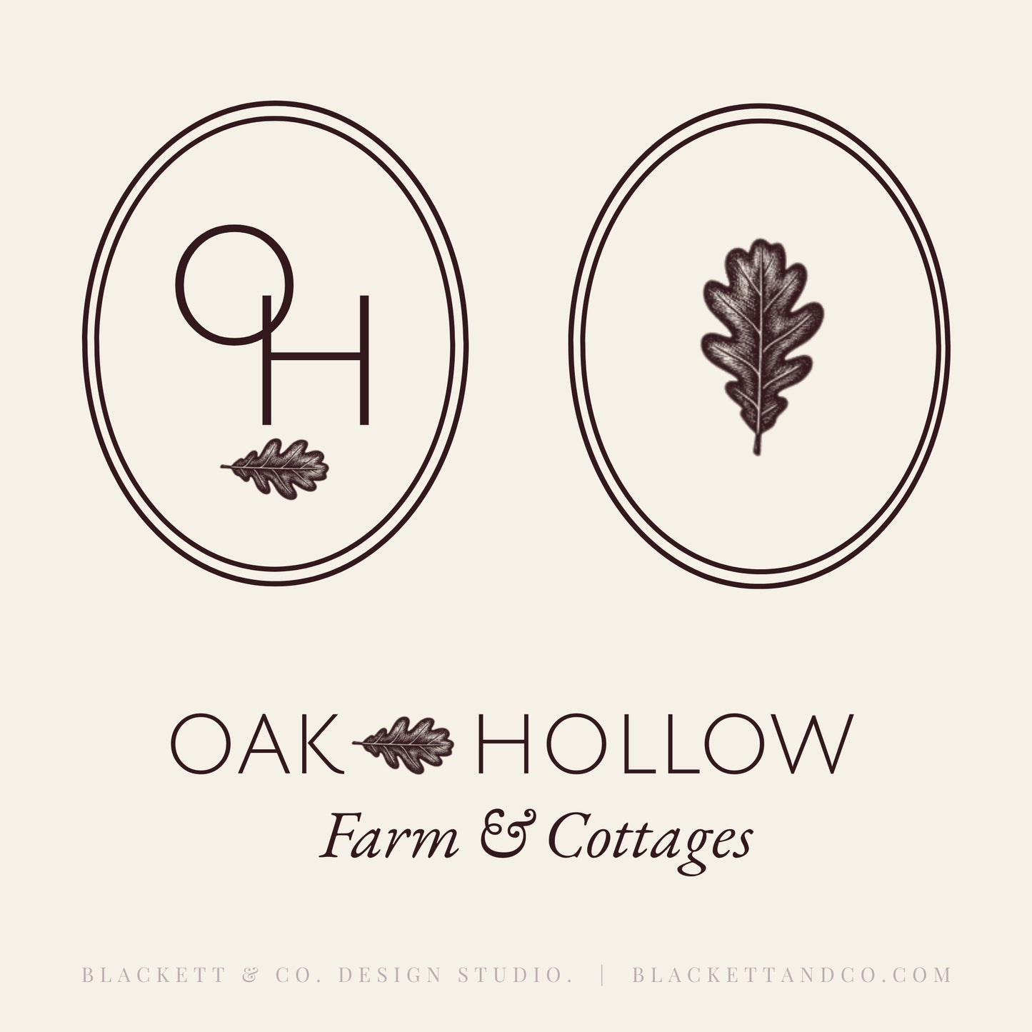 Oak & Hare theme logos on a warm cream background featuring two oval monogram emblems with oak leaf details.