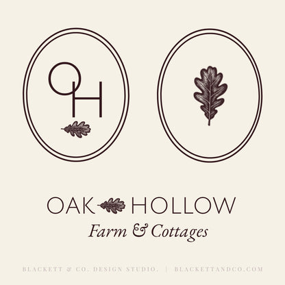 Oak & Hare theme logos on a warm cream background featuring two oval monogram emblems with oak leaf details.