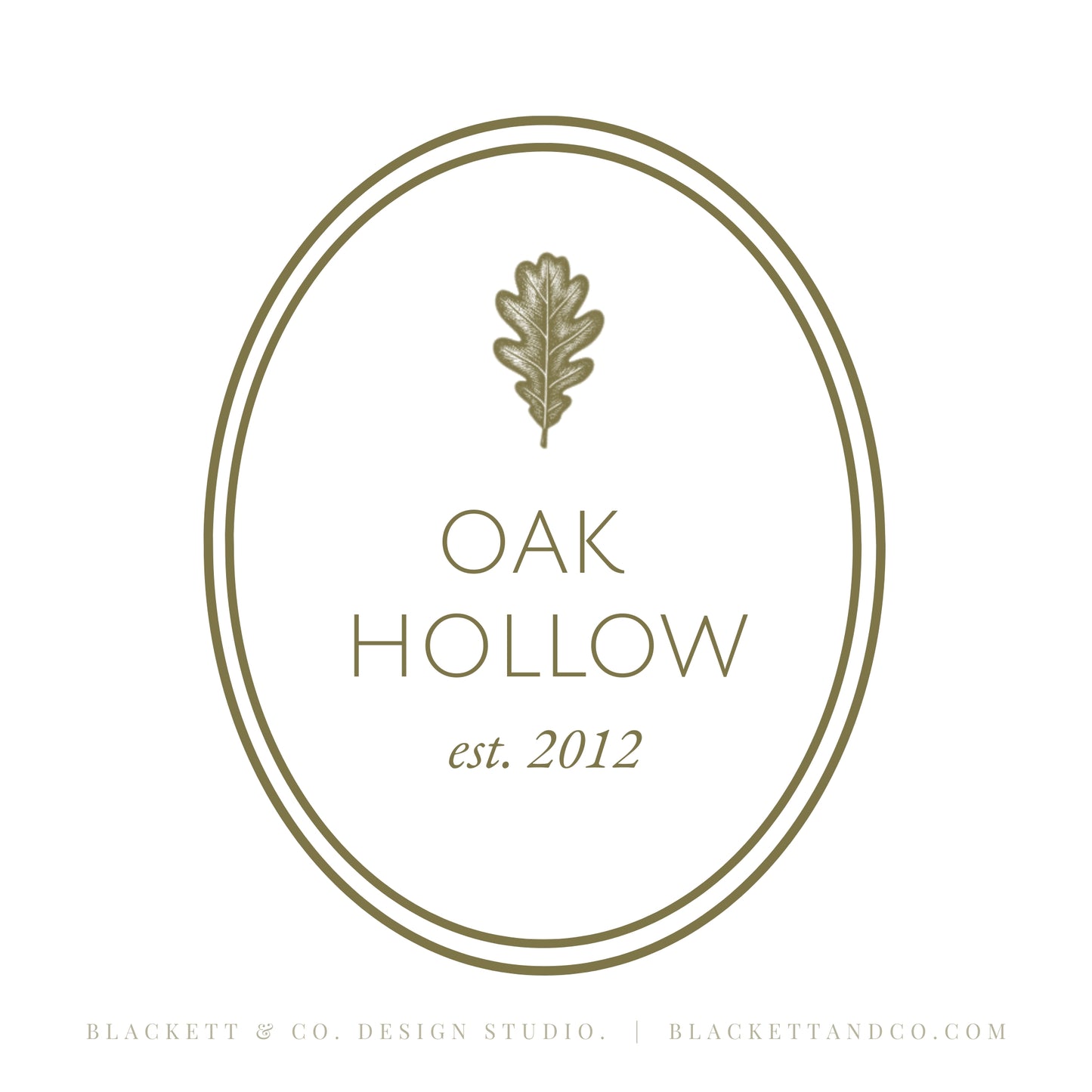 Oak & Hare theme logo on a white background featuring an oval border and oak leaf icon in a muted olive-gold tone.