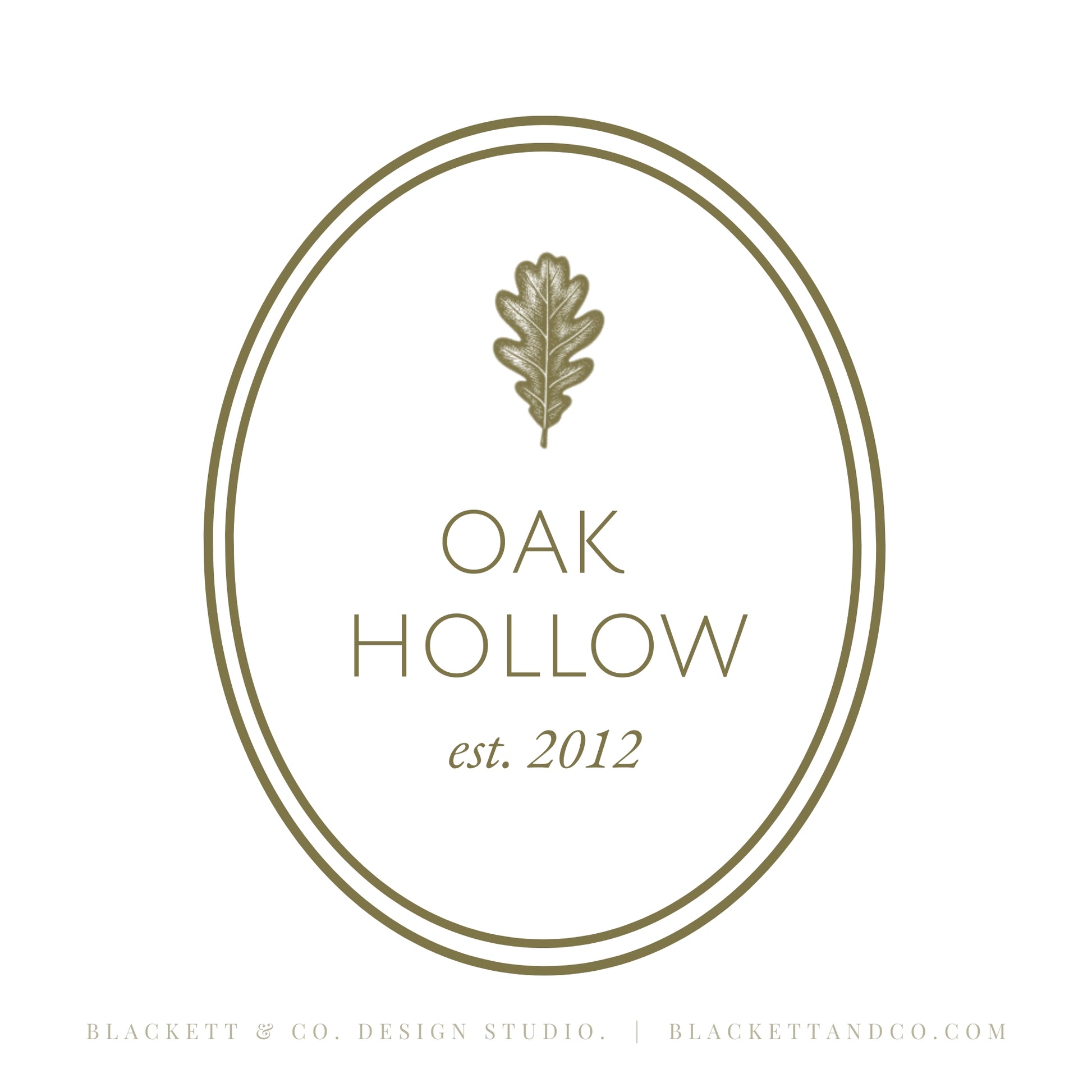 Oak & Hare theme logo on a white background featuring an oval border and oak leaf icon in a muted olive-gold tone.